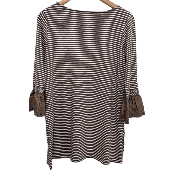 J JILL Modal Striped Georgia Bell Sleeve Tunic Top / Mini Dress In Latte & White - Picture 2 of 8